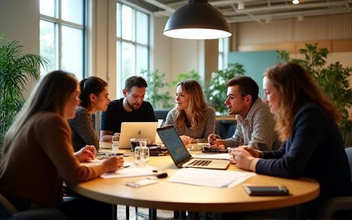 Equipe de produção reunida em brainstorming criativo