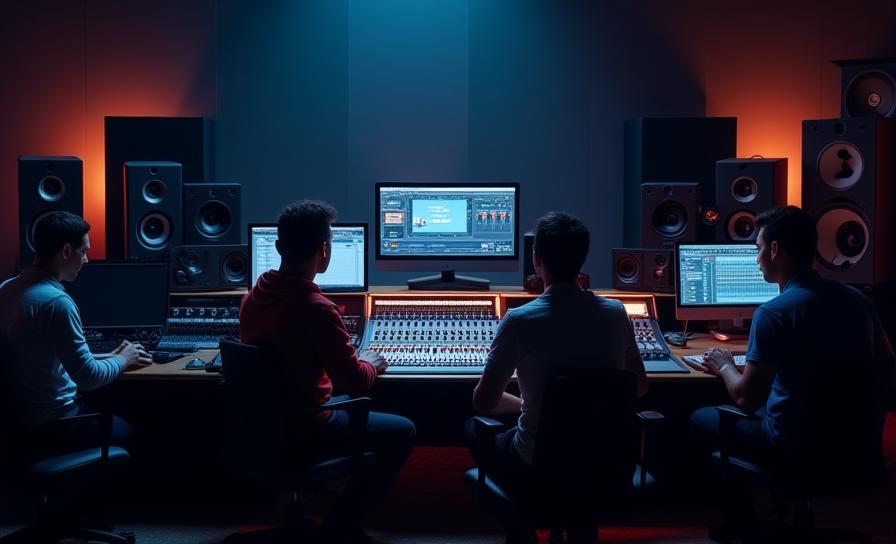Equipe de produção de áudio trabalhando em estúdio